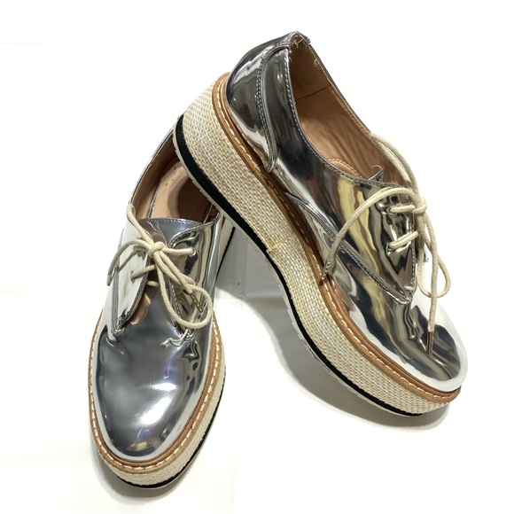Zara Metallic Silver Platform Lace Up Shoes Size 37/US 6.5 - Picture 2 of 13